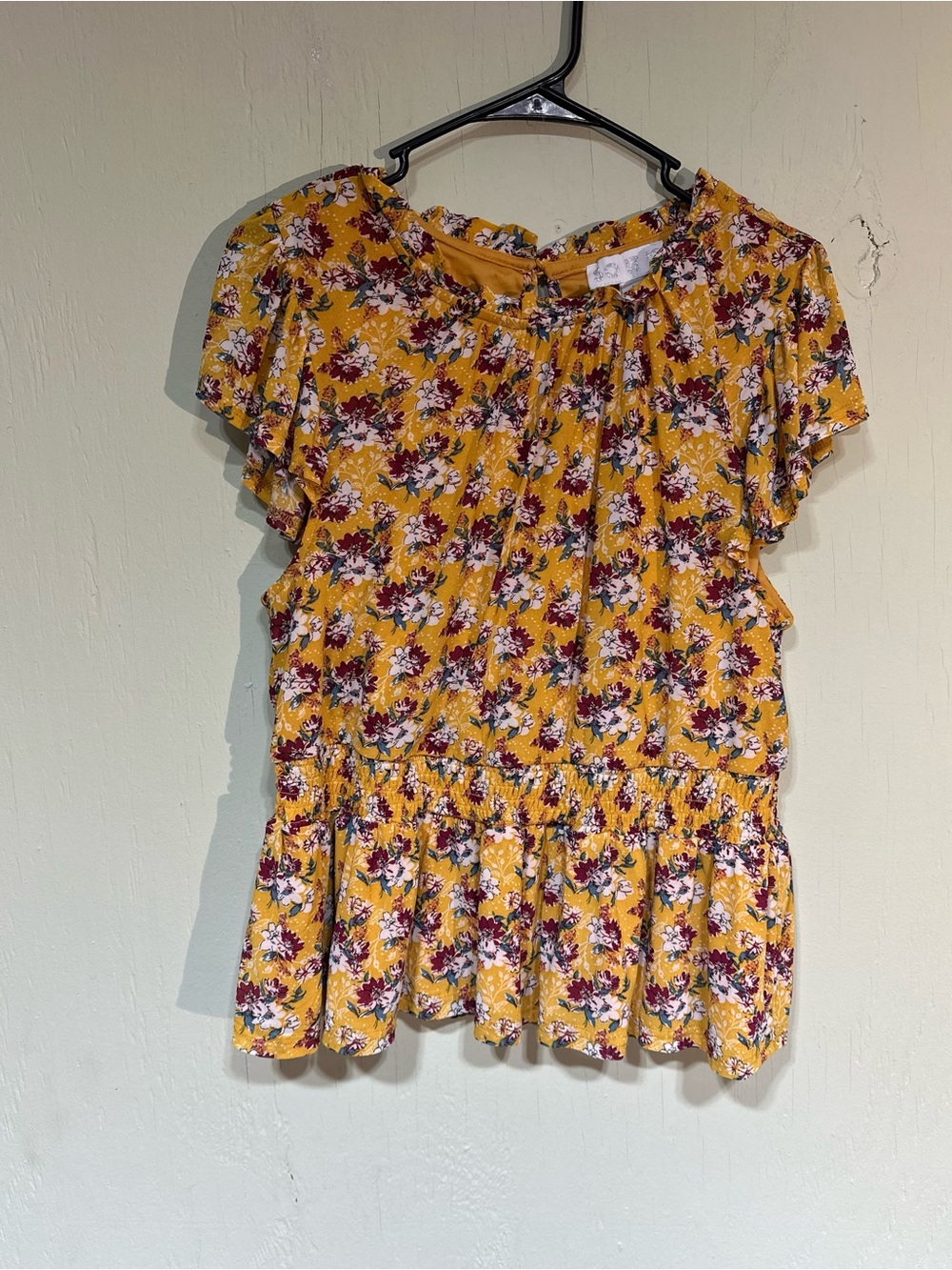 So It Is yellow floral smocked peplum short sleeve blouse women’s size large